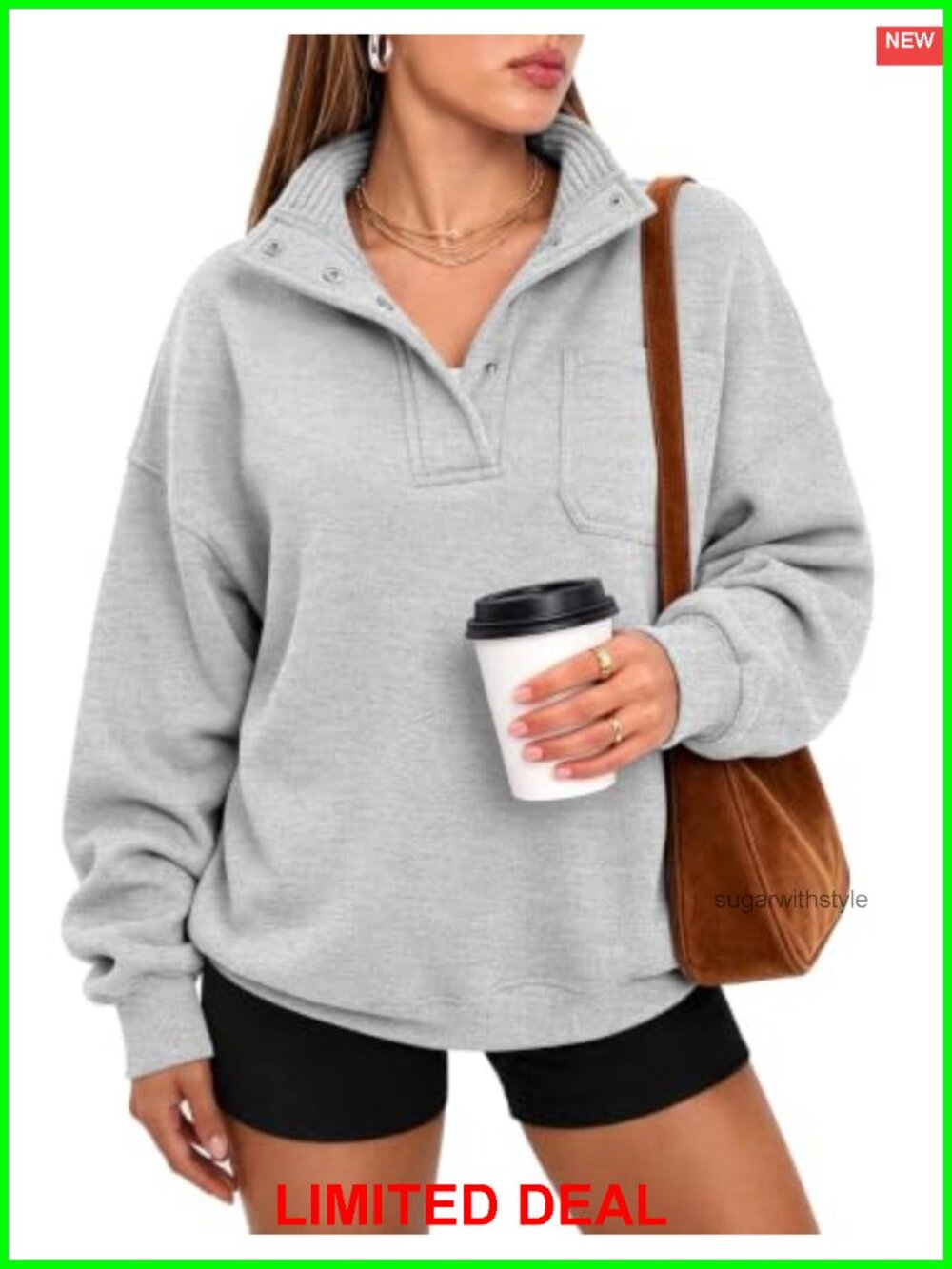 Oversized Henley Neck Sweatshirt Snap Button Pullover